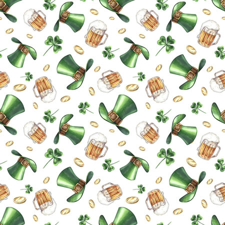 Seamless pattern with green leprechaun hats, clovers, coins, and beer. Hand-drawn watercolor illustration. For St. Patricks Day. For textiles, wrapping paper, packaging, holiday decor, and more.の写真素材