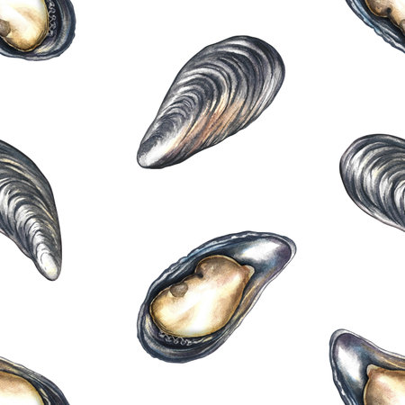 Seamless pattern of fresh mussels. Hand-drawn watercolor illustration. Colorful image of seafood. Perfect for menus, recipe books, packaging, labels, invitations, and more.の写真素材