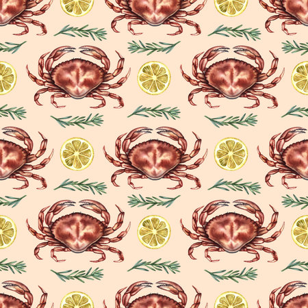 Seamless pattern with crabs, lemon, and rosemary. Hand-drawn watercolor illustration. Colorful image of a seafood dish. For menus, recipe books, packaging, and labels.の写真素材