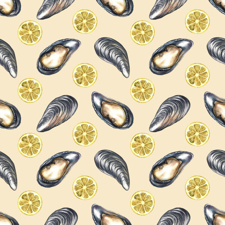 Seamless pattern with mussels and lemon. Handmade watercolor illustration. Colorful image of a gourmet seafood dish. Suitable for menus, recipe books, packaging, labels, textiles, and more.の写真素材
