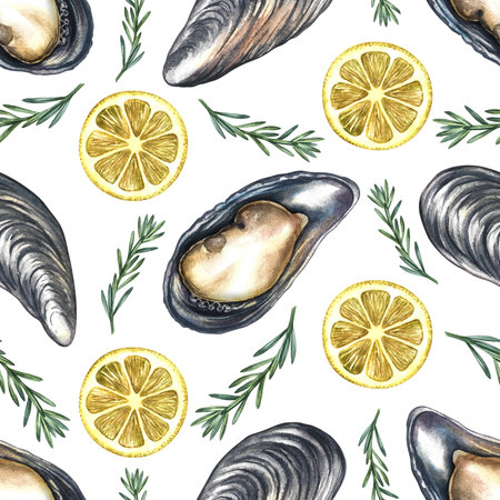 Seamless pattern with mussels, lemon, and rosemary. Hand-drawn watercolor illustration. Colorful image of a gourmet seafood dish. For menus, recipe books, packaging, labels, textiles, and more.の写真素材