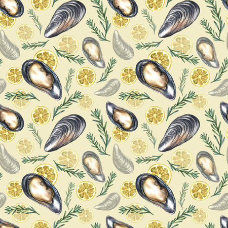 Seamless pattern with mussels, lemon, and rosemary. Hand-drawn watercolor illustration. Colorful image of a gourmet seafood dish. For menus, recipe books, packaging, labels, textiles, and more.の写真素材
