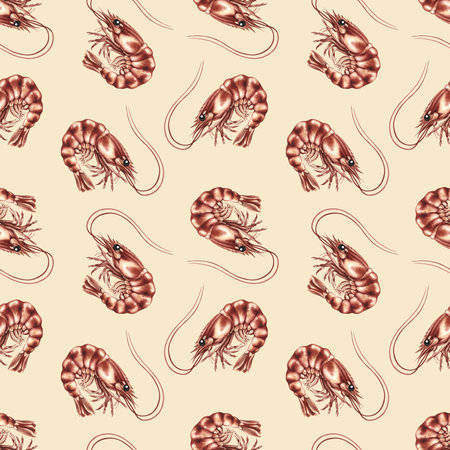 Seamless pattern with shrimp. Hand-drawn watercolor illustration. Colorful image of seafood. Perfect for menus, recipe books, packaging, labels, textiles, and more.の写真素材