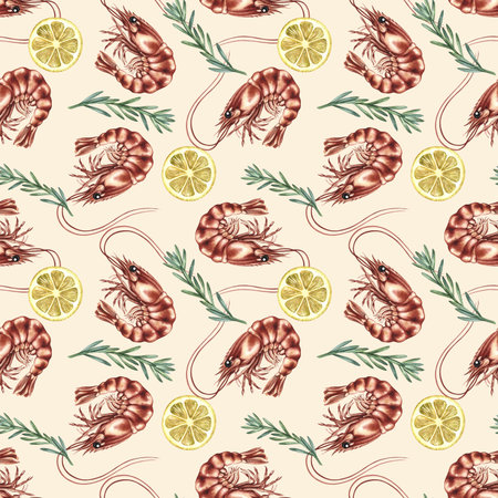 Seamless pattern with shrimp, lemon, and rosemary. Hand-drawn watercolor illustration. Colorful seafood image. Perfect for menus, recipe books, packaging, labels, and textiles.の写真素材