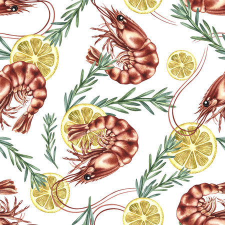 Seamless pattern with shrimp, lemon, and rosemary. Hand-drawn watercolor illustration. Colorful seafood image. Perfect for menus, recipe books, packaging, labels, and textiles.の写真素材