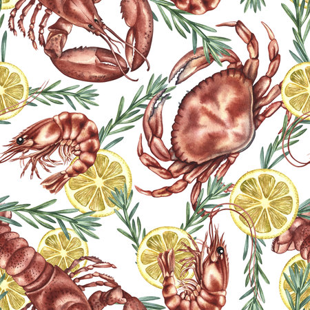 Seamless pattern featuring shrimp, crab, and lobster with lemon and rosemary. Hand-drawn watercolor illustration. Colorful seafood image. For menus, recipes, packaging, labels, and textiles.の写真素材