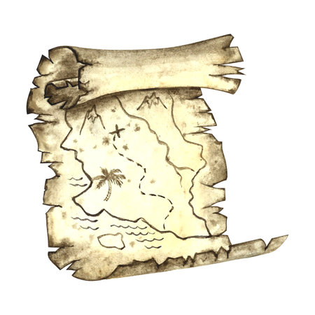 Vintage map, Treasure Island. Hand-drawn watercolor illustration. For children s games and holidays. For stickers, cards, posters and banners, packaging, and more.の写真素材