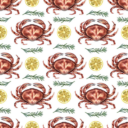 Seamless pattern with crabs, lemon, and rosemary. Hand-drawn watercolor illustration. Colorful image of a seafood dish. For menus, recipe books, packaging, and labels.の写真素材