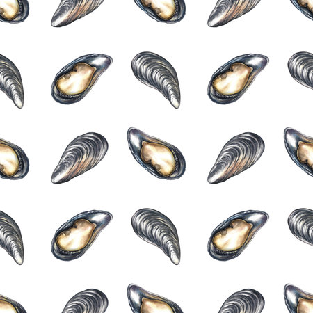 Seamless pattern of fresh mussels. Hand-drawn watercolor illustration. Colorful image of seafood. Perfect for menus, recipe books, packaging, labels, invitations, and more.の写真素材