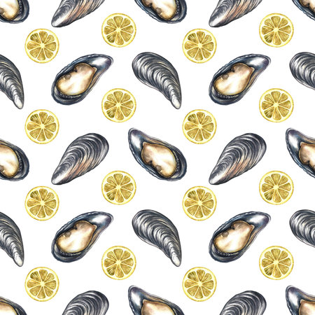 Seamless pattern with mussels and lemon. Handmade watercolor illustration. Colorful image of a gourmet seafood dish. Suitable for menus, recipe books, packaging, labels, textiles, and more.の写真素材
