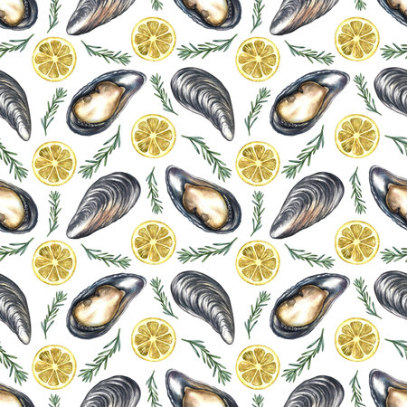 Seamless pattern with mussels, lemon, and rosemary. Hand-drawn watercolor illustration. Colorful image of a gourmet seafood dish. For menus, recipe books, packaging, labels, textiles, and more.の写真素材