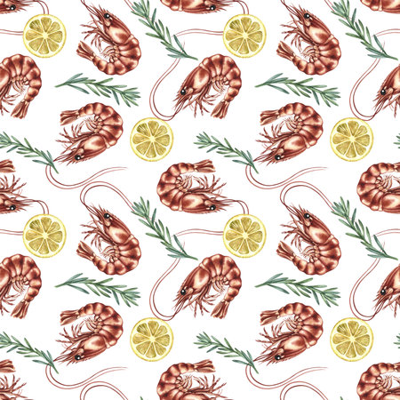 Seamless pattern with shrimp, lemon, and rosemary. Hand-drawn watercolor illustration. Colorful seafood image. Perfect for menus, recipe books, packaging, labels, and textiles.の写真素材