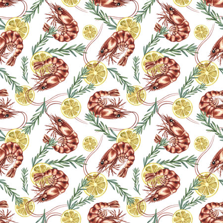 Seamless pattern with shrimp, lemon, and rosemary. Hand-drawn watercolor illustration. Colorful seafood image. Perfect for menus, recipe books, packaging, labels, and textiles.の写真素材