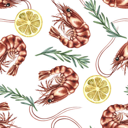 Seamless pattern with shrimp, lemon, and rosemary. Hand-drawn watercolor illustration. Colorful seafood image. Perfect for menus, recipe books, packaging, labels, and textiles.の写真素材