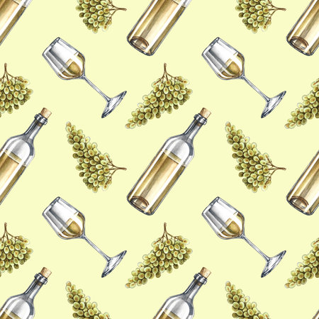 Seamless wine pattern. A bottle of white wine, a glass, and a bunch of grapes. Hand-drawn watercolor illustration. For packaging and labels. For textiles and wallpaper. For restaurant and bar menus.の写真素材