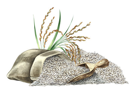 A bag of rice, a wooden scoop, and rice grains next to them. Hand-drawn watercolor illustration. Element of menu design, recipes, and cookbooks. For banners, flyers, packaging, labels, and more.の写真素材