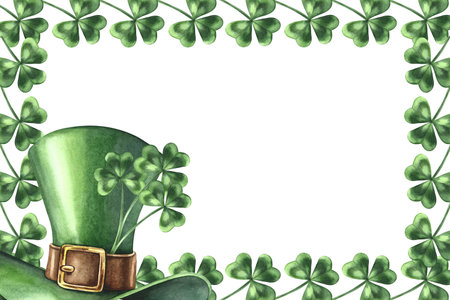Clover trefoil frame and leprechauns top hat. Hand-drawn watercolor illustration. For St. Patricks...