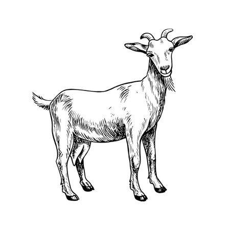 A goat standing in profile. Black and white vector illustration drawn by hand. Perfect for dairy farms or agricultural projects. Also suitable for labels, packaging, banners, and more.のイラスト素材