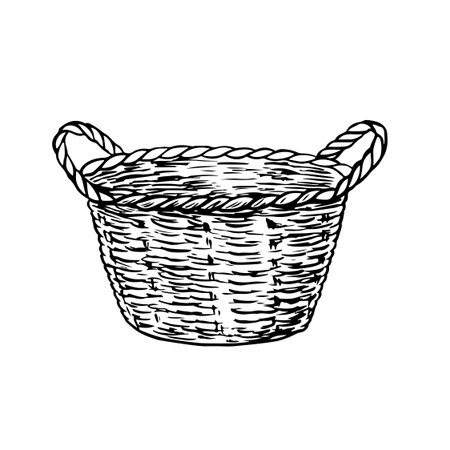 A wicker basket. Black and white vector illustration drawn by hand. An empty village basket. For the design of greeting and invitation Easter cards. For packaging, labels and more.のイラスト素材