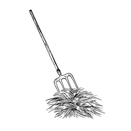 A bundle of hay with a pitchfork. Black and white vector illustration drawn by hand. Hay harvesting. Animal feed. For farm projects, packaging, labels, and more.のイラスト素材
