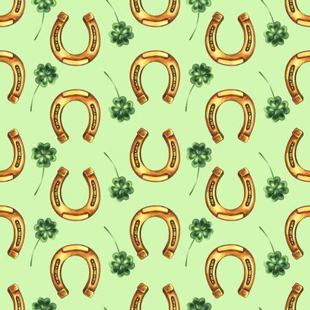 Seamless pattern with horseshoes and four-leaf clover. Hand-drawn watercolor illustration. On a green background. Used for backgrounds, textiles, wrapping paper, packaging, holiday decor, and more.の写真素材
