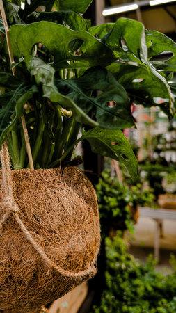 Hanging indoor plant in coconut shell planterの写真素材