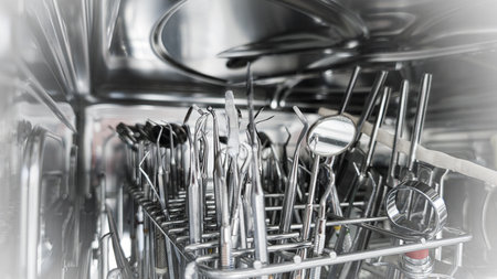 Dental instruments inside metal washer disinfector during thermal cleaningの写真素材