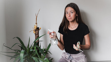 Upset woman holding scissors and spray bottle near dry yucca plant indoorsの写真素材