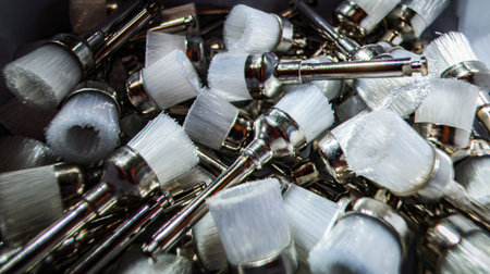 Top view macro shot of multiple dental polishing brushes arranged on surface