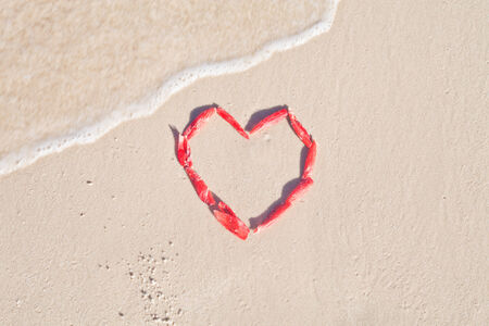 Heart made from red petals on the beachの写真素材