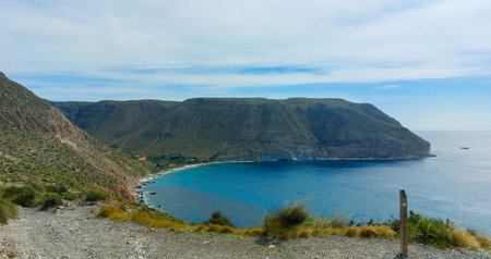 Panoramic view of the sea and mountains in Crete, Greeceの写真素材