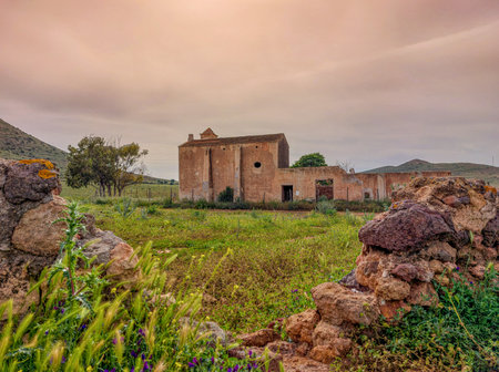 Ruins of old abandoned house in the fields of Sardinia, Italyの写真素材