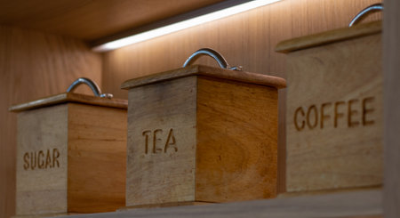 Wooden boxes on a shelf in the store. close upの写真素材