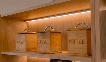 Wooden boxes on a shelf in the store, close-up