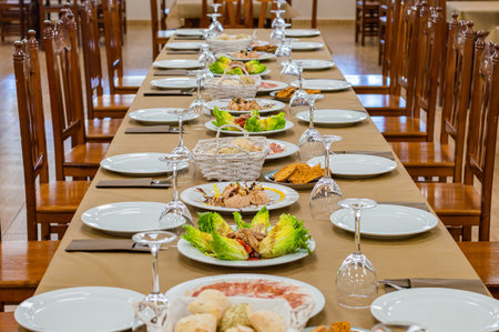 Table set for wedding or another catered event dinner in a restaurant