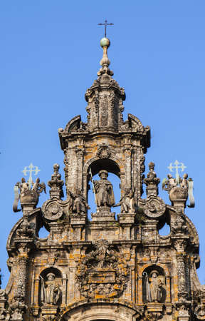 The Romanic facade of the catherdal at Santiago de Compostela の写真素材