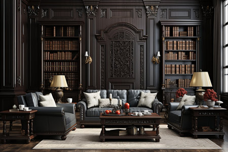 Design a room in a house in ancient slavic style with abundant use of wood, overlooking a winter street.の素材