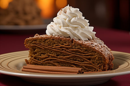 Create a detailed and captivating illustration of a cozy festive dessert setting, featuring a decadent chocolate cake, luscious chocolate treats, and fluffy whipped cream, all elegantly presented by a warm fireplace bathed in the gentle glow of candlelighの素材