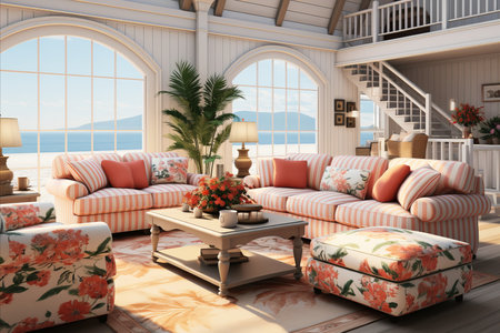 Design a house with feminine and romantic interiors featuring soft colors, floral patterns, and wooden furniture.の素材