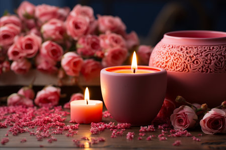 A romantic valentine's day gift placed on a table in a cozy home with a fireplace.の素材