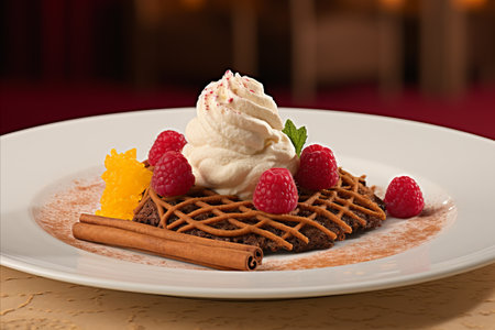 Create a detailed and captivating illustration of a cozy festive dessert setting, featuring a decadent chocolate cake, luscious chocolate treats, and fluffy whipped cream, all elegantly presented by a warm fireplace bathed in the gentle glow of candlelighの素材