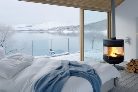 Design a cozy attic space with minimalist nordic aesthetics, featuring natural materials and a panoramic view of the sea.の素材