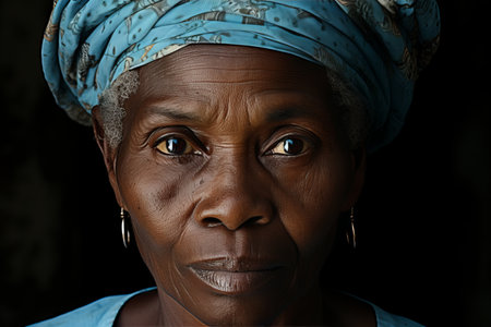 An emotional portrait of an elderly African woman in front of a dilapidated house.の素材