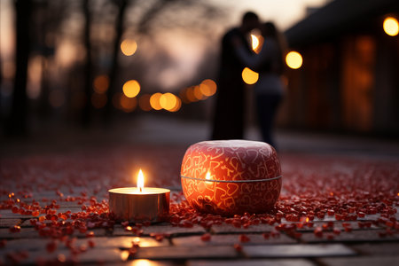 A romantic valentine's day gift placed on a table in a cozy home with a fireplace.の素材