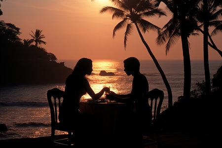 A couple enjoys a candlelit dinner on a serene Indian beach, savoring a sumptuous seafood spread as the sun sets over the ocean.の素材