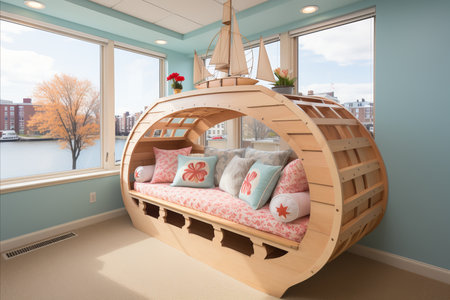 Design an attic with shades of blue and turquoise, pink sand tones, and elements like ropes, seashells, anchors, wooden details, maps, antique compasses, and model ships to create a seaside atmosphere.の素材