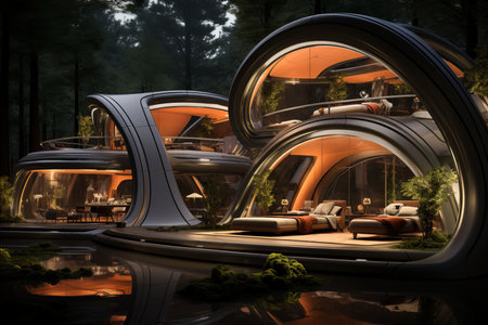 Design a futuristic bathroom in a house with a street view, incorporating sleek, modern fixtures and innovative technology for an ultra modern and luxurious feel.の素材