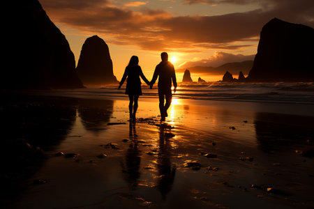 A couple walks hand in hand along a tranquil beach, leaving imprints in the sand, their faces reflecting serenity and profound joy Their gazes are filled with tenderness and endless respect for each other, as they cherish the moment in the embrace of naturの素材