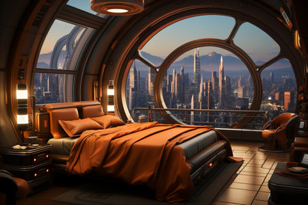 Design a futuristic style room in a house with modern electronics and a street view.の素材