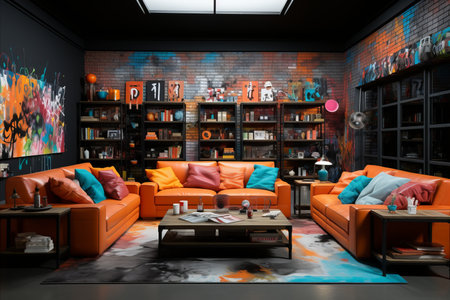 Design an eclectic style room in a house with a street view.の素材